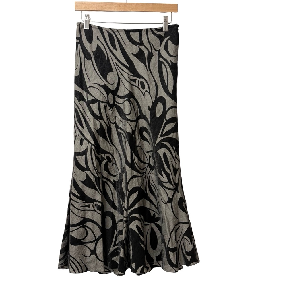 Per Una Y2K Mark & Spencer Black Gray Abstract Floral godet midi skirt Size‎ 8